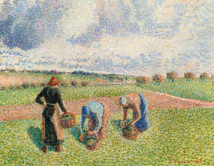 Painitng of people harvesting herbs in a field