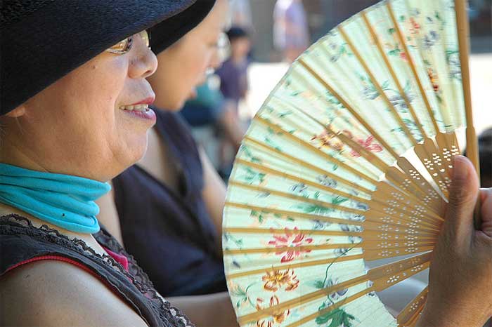 Woman keeps cool with fan