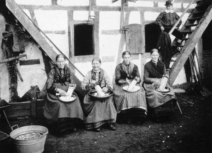 women grating horseradish in 1909