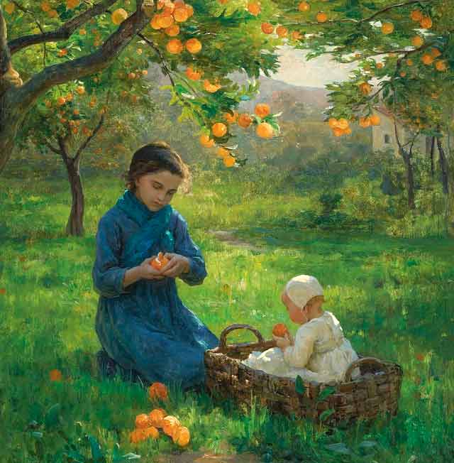 Painting of children under an orange tree