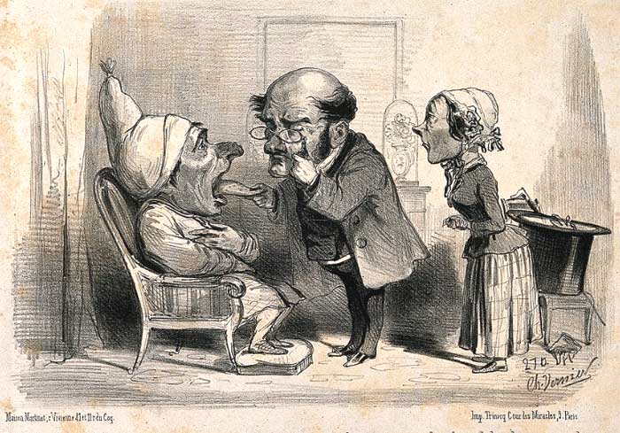 Old cartoon of a doctor examining a man's tongue